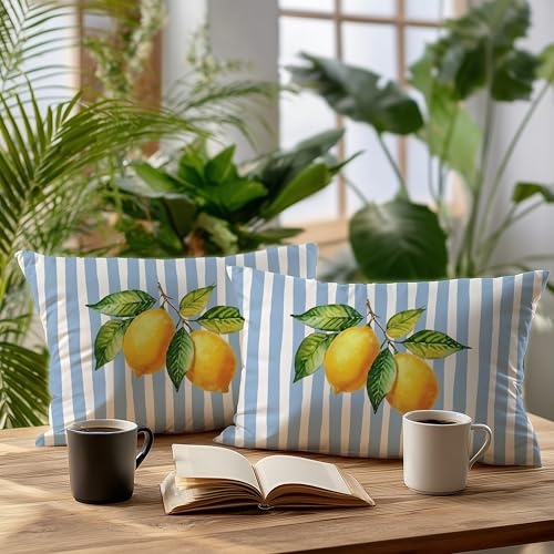 Image of Summer Blue and Yellow Italian Mediterranean Amalfi Coast Lemon Pillow Cover Decor 12x20,Italian Striped Decorative Throw Pillow Cover Decor for Couch Double-Sided Set of 2