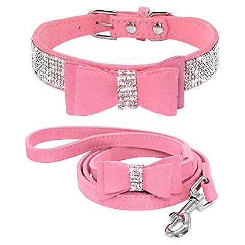 Beirui Rhinestone Bling Leather Dog Collar and Leash Set - Soft Flocking Sparkly Crystal Diamonds Studded - Cute Double Bowknot Collar with 4 Foot Leash for Pet Show,Pink,Neck fit 8-10" Cover