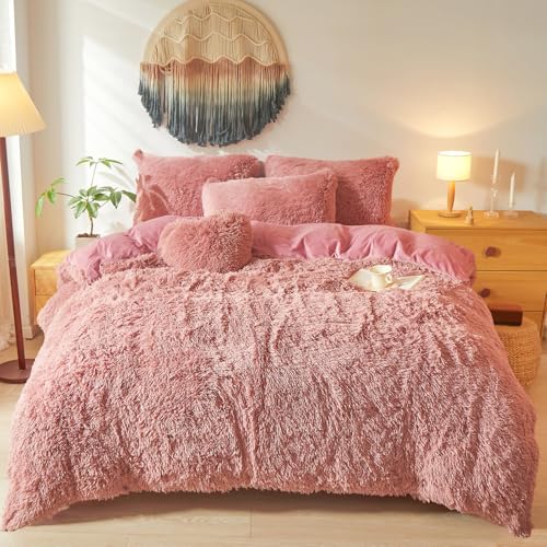 Besfunny Shaggy Fluffy Old Pink Comforter Cover Queen Set – Faux Fur Shaggy Old Pink Bedding 3-Piece Set (1 Duvet Cover + 2 Furry Pillow Shams) Cozy Bed Set
