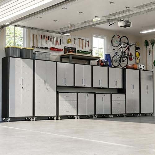 Image of 12-Piece Heavy Duty Steel Garage Cabinet System | All-in-One Modular Garage Cabinet Set for Ultimate Workshop Organization | Easy Assembly Garage Storage Cabinets & Tool Bench