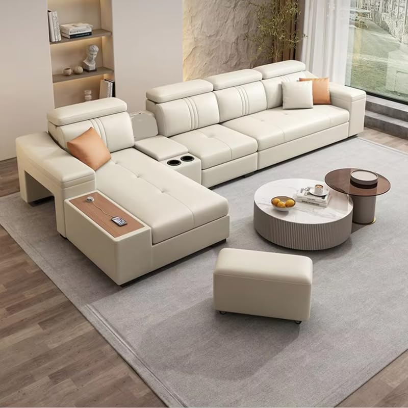 Image of Homax. Nimra Smart L-Shape 7-Seater Sectional Sofa Set with Console, Cup Holders, Charging Station & 2 Ottomans - Premium Leatherette Finish - Beige Color, Orientation RHS.