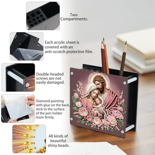 Image of DIY 5D Diamond Painting Pen Holder, Religious Family Acrylic Pencil Organizer for Christian Faith Decor, Decorative Diamond Art Desk Storage for Home and Office Supplies