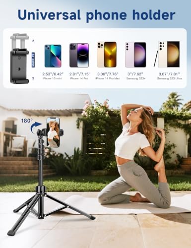 Image of Phone Tripod Stand, 85 inch Tall Cellphone Tripod for iPhone with Gooseneck Remote, Flexible Portable Phone Stand for Recording, Compatible with iPhone 14 13 12 Pro Android Camera