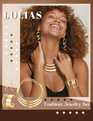 LOLIAS 3 Stück Gold Lätzchen Choker Halskette Set für Frauen Breite Manschette Armreif Armbänder Statement Baumeln Ohrringe Oberarmbandmanschette Handgelenkmanschette Festival Schmuck