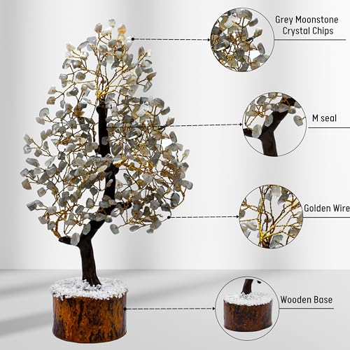 Image of Grey Moonstone Crystal Tree for Good Luck - Healing Crystals Money Tree for Wealth, Positive Energy at Home Office - Decorative Spiritual Gifts for Vastu, House Warming