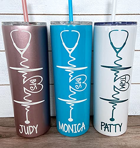 Heartbeat Nurse's Personalized 20 Oz Stainless Steel Skinny Tumbler With Custom Stethoscope Vinyl Decal By Avito - Includes Straw And Lid - Nurse Rn,Cna - Nurse Gift #TOP1