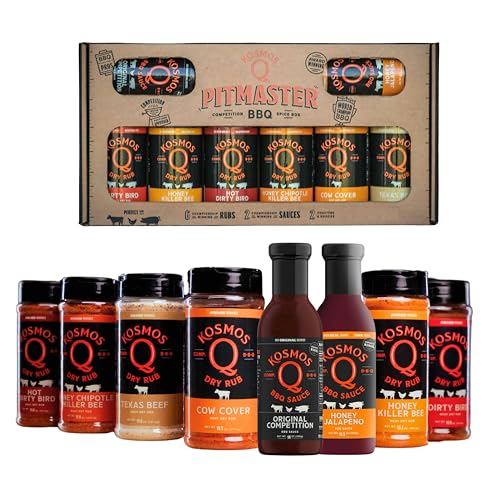 Kosmos Q Pitmaster BBQ Sauce & Spice Gift Set – 8-Piece Grill Seasoning Sampler with Barbecue Sauces & Meat Rubs (8 Flavors) – Perfect BBQ Gifts for Men