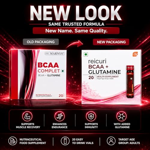 Image of reicuri BCAA + Glutamine, Pack of 20 Ready-to-Drink Vials | 4:2:1:1 BCAA Formula, Pre-Workout & Muscle Recovery, Fast-Absorbing Drinkable Vials
