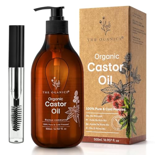 The Oganics® Castor Oil 500ml – Organic 100% Pure, Cold-Pressed, Natural – for Eyelashes, Eyebrows, Hair & Nails – Vegan, Cruelty-Free – Pump + Mascara-Kit