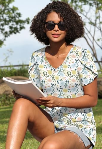Image of CATHY 2026 Women Tops Summer Short Sleeve Tunic V Neck T-Shirts Loose Casual Floral Blouse S-4XL