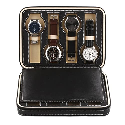 TJLSS 8 siatek Zegarek Wyświetlacz Schowek Taca Taca Zapinana na Zamek Podróżny Zegarek Kolekcjonerski Etui Faux Leather Present