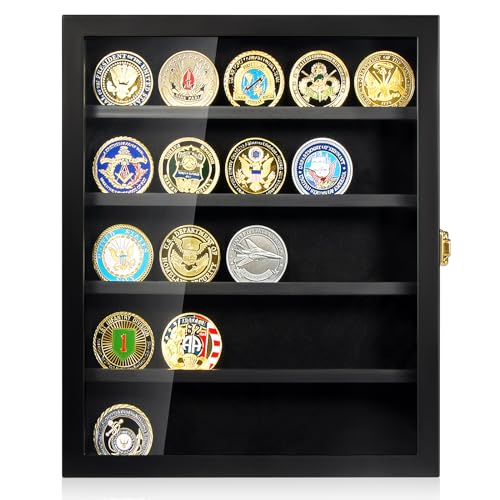 Image of TJ.MOREE Military Challenge Coin Display Case, Coin Display Holder Wall Mount with Removable Shelves, Shadow Box for Medals Pin Badges Buttons
