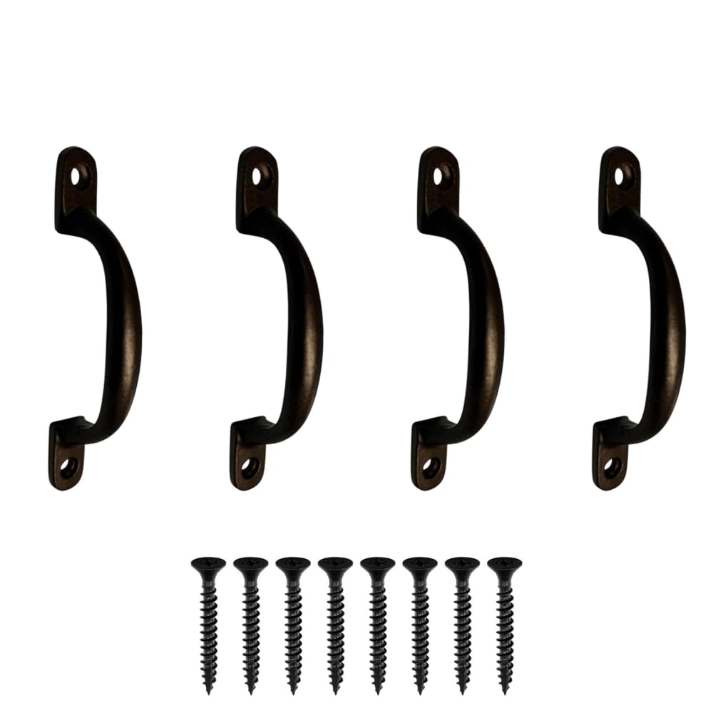 SISI UK Black Cast Iron Hot Bed Handles 100mm (4 inch) Black Japanned Door Handles Garden Gate D Pull Handles with Fixing Screws for Door Shed Garden Indoor & Outdoor Use Pack of 4