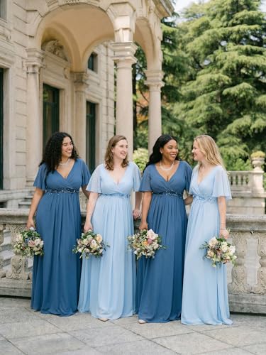 Image of Ever-Pretty Short Sleeves V Neck Plus Size Formal Dresses for Curvy Women Chiffon Mother of The Bride Dress Evening Gowns