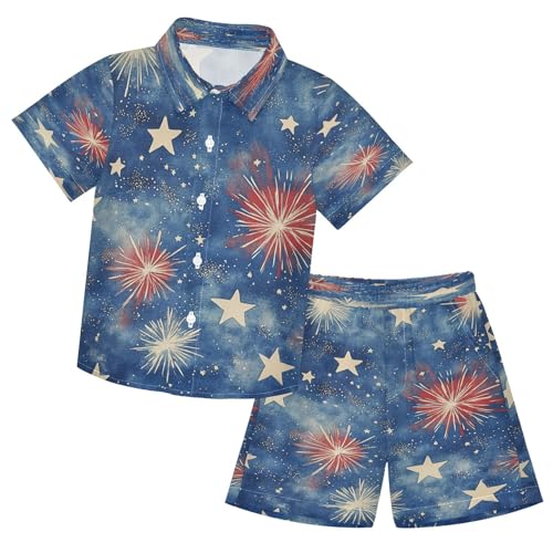 Boccsty Red Blue Stars Fireworks Boy Summer Shorts Sets Hawaiian Toddler Boys T-Shirt & Pants 2 Pcs 3T