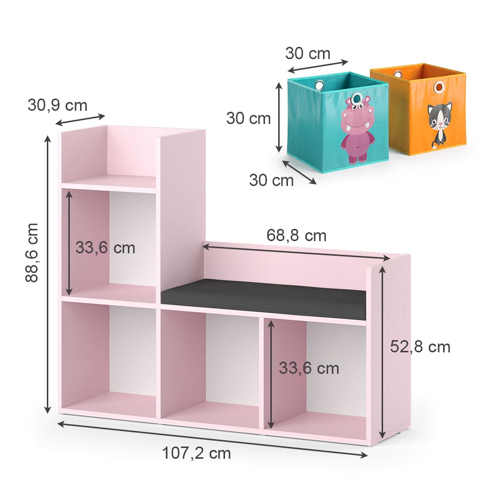 Vicco Libreria bambini Luigi, rosa, 107.2 x 88.6 cm con 2 scatole pieghevoli (colorate), con seduta imbottita e quattro ripiani aperti