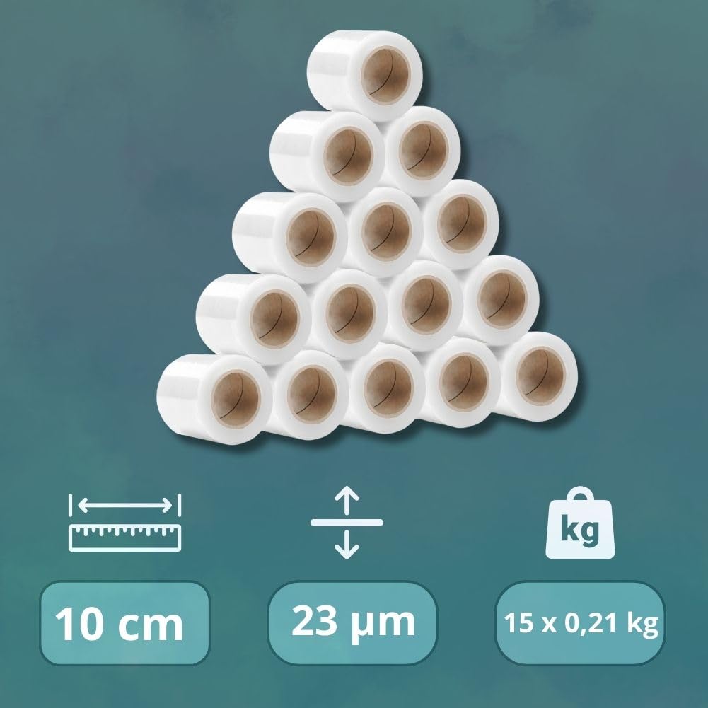 RAGO® Juego de 15 mini rollos de 130 m, 15 x 210 g Papel film I Rollos de Plastico para Embalar I Plastico Embalaje I Película de muebles (38 x 31 x 8 cm)