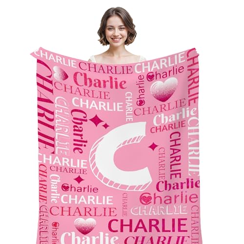 Personalized Name Throw Blanket Custom Name Blanket with Cute Script Font Art Design, Flannel Throw Blanket for Teen Girls Boys Adults Pets, Halloween,Birthday (Pink, 50'×60')