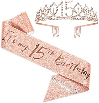 15e Verjaardag Sjerp en Tiara Set voor Meisjes - Roségoud Kroon, 'Fabulous' Sjerp - Verjaardagscadeau, Roze Goud, Eén Maat