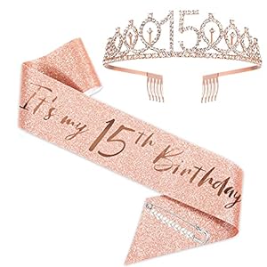 15e verjaardagssjerp en tiara voor meisjes, roségouden verjaardagssjerp, kroon 15 & Fabulous sjerp en tiara voor meisjes…