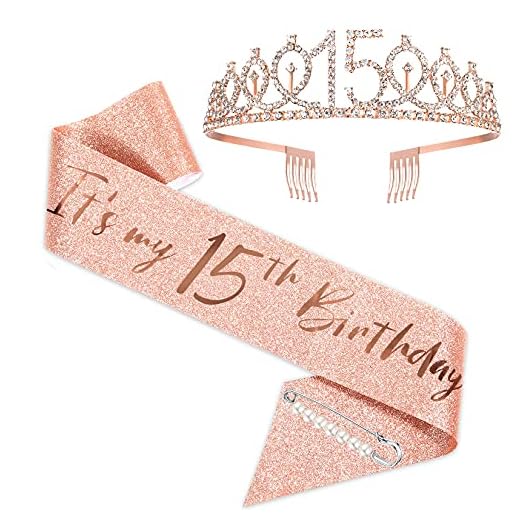 Banda y tiara de 15 cumpleaños para niñas, corona de banda de cumpleaños de oro rosa 15 y fabulosas bandas y tiara, regalos de 15 cumpleaños para felices fiestas de 15 cumpleaños