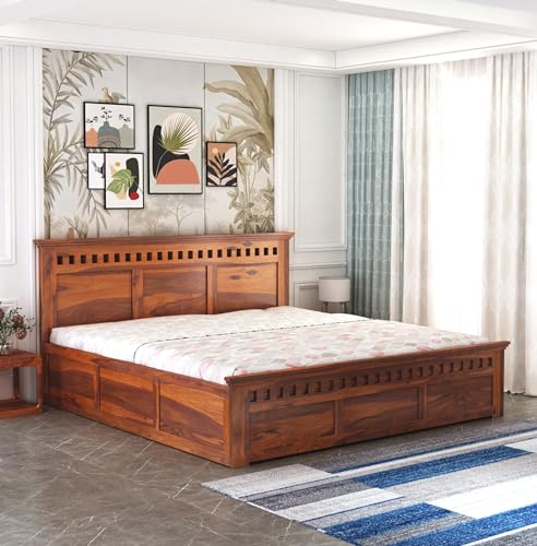 Image of Wooden Queen Size Bed with Storage Box Solid Wood Foldable for Bedroom | Wooden Folding Cot Queen Size Bed Frame (Queen Size, Honey Finish, 1 Piece)