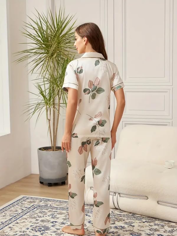 Image of Night Suit for Women with Full Sleeve Button-Down Top with Pant Dress for Woman, Cotton Night Dress for Woman, Two-Piece Loungewear Set