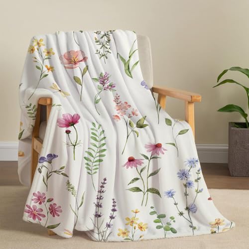 Image of Tupmnbry Wildflowers Throw Blanket Botanical Floral Printed Blanket Super Soft Flannel Throw Blankets Lightweight Fluffy Plush Fuzzy Bed Blankets for Bedding Sofa 50"X60"