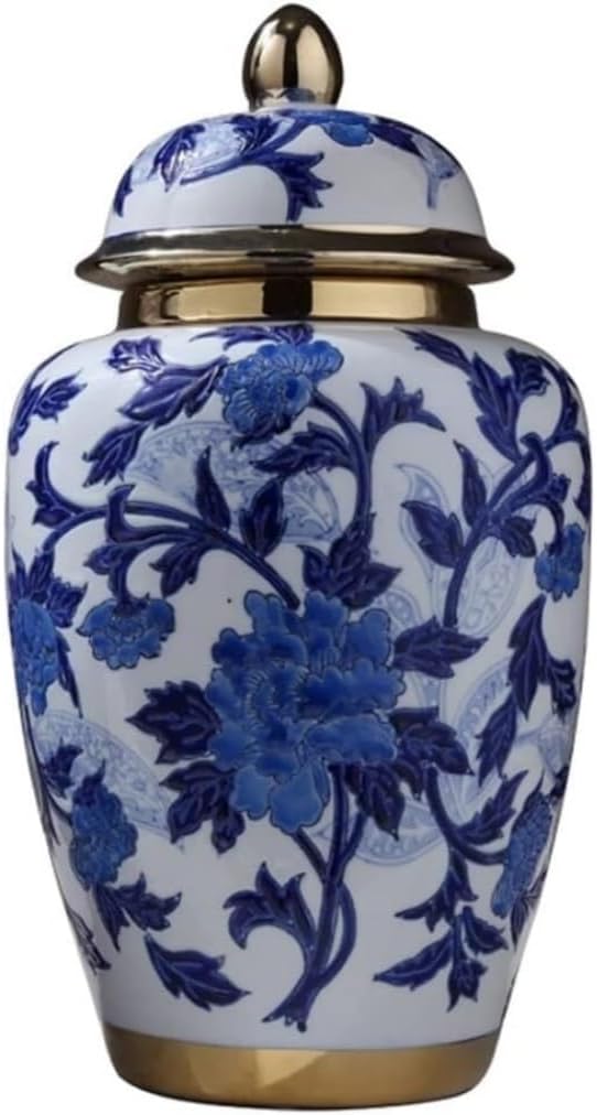 Food Storage Jar,Decorative Jar Ginger Jar Vase Decor Ceramic Ginger Jar Vases with Gold Trim Blue and White Porcelain Floral Vase Chinoiserie Temple Jar with Lid Ginger Ja,A-19.5 * 28Cm