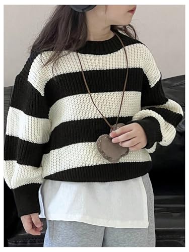 GORGLITTER Girl's Sweater Oversized Striped Cute Chunky Sweater Long Sleeve Crewneck Crochet Knit Tops Size 4-7Y4