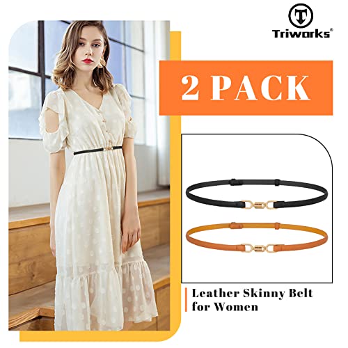 Women Leather Skinny Belt 2 Pack Adjustable Belts Ladies Thin Waist Belts for Dresses2