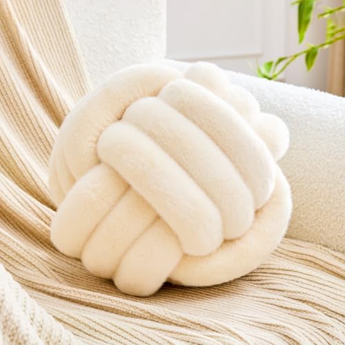 Image of Uvvyui Knot Pillow Ball Home Decorative Pillows Round Throw Pillow with Faux Rabbit Fur Handmade Knotted Plush Pillow Aesthetic Room Decor Round Boucle Pillow Cushion (Beige, 14 Inch)