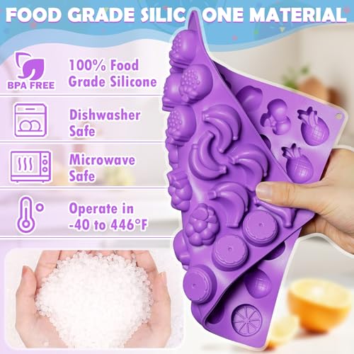 Image of LUSHYUM Gummy Fruit Molds 5ML, BPA Free Food Grade Silicone Molds, 4PCS Chocolate Candy Mold with 2 Droppers & Brush Include Strawberry Cherries Grape Banana Apple Pineapple Orange Shape 140 Cavities