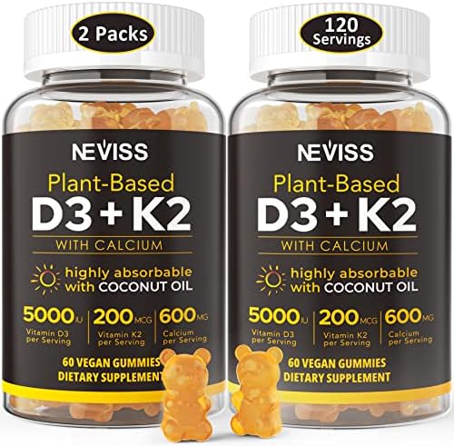 Vitamin D3 5000IU Gummies 125mcg with Calcium 600mg+K2( MK7 ) 200mcg, Coconut Oil for High Absorption, Maximum Strength Vitamin D Supplement -Support Strong Bones, Immune System Health Vegan 120 Count