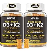 Vitamin D3 5000IU Gummies 125mcg with Calcium 600mg+K2( MK7 ) 200mcg, Coconut Oil for High Absorp...