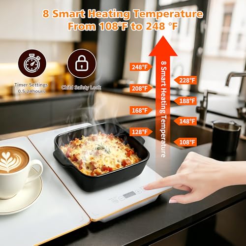 Image of Electric Food Warming Tray, 4-in-1 Buffet Food Warmer with 8 Temperature Settings & Timer, 33 inch x 15 inch Tempered Glass Warming Mat for Parties, Modular Hot Plate for Catering & Events (White)