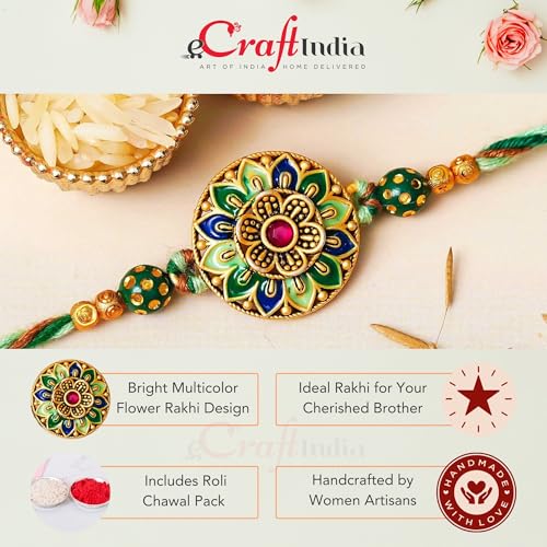 Image of eCraftIndia Multicolor Flower Designer Rakhi for Brother With Gift Combo Set | Raksha Bandhan Rakhi for Bhai Bhaiya | Best Bro Ever Fridge Magnet | Roli Chawal Pack