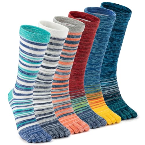 Image of Womens Crew Toe Sock, Colorful Cotton Toe Socks for women Arch Support, Casual Calf Running Five-Toe Design(3&6pairs)