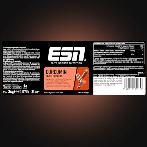 ESN Kurkuma Kapseln, 60 Kapseln, 1000 mg Curcumin pro Portion, aus patentiertem NovaSOL, 185 x höhere Bioverfügbarkeit durch flüssige Form, vegan