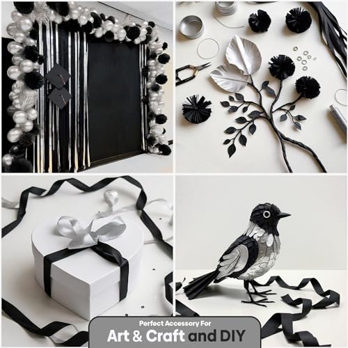 Image of 6 Silver Black Crepe Paper Streamers, 492ft Pack of Party Decorations | Each roll is 82 ft long and 1.8 Inch wide ideal for Birthday Party Decor, Wedding Decorations and Educational Ceremony