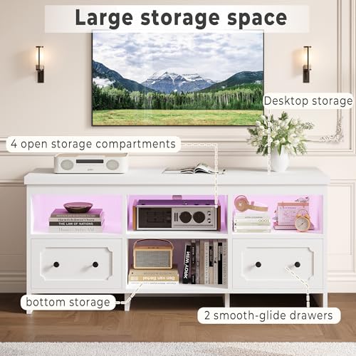 IRONCK TV Stand for 65 Inch TV, 55" LED Entertainment Center with Storage Cabinets, Power Outlets and Open Shelf, Media Console TV Cabinet with Drawers for Living Room, White