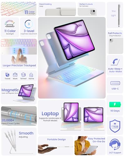 Image of typecase Edge+ Keyboard Case for iPad Air 13 inch(M4 /M3 /M2, 2026 /2025 /2024) & iPad Pro 12.9 inch(3 /4 /5 /6th Gen), Ultra-Slim Detachable Case, Portrait & Typing Modes, 11-Color Backlight, Magnetic Stand, White