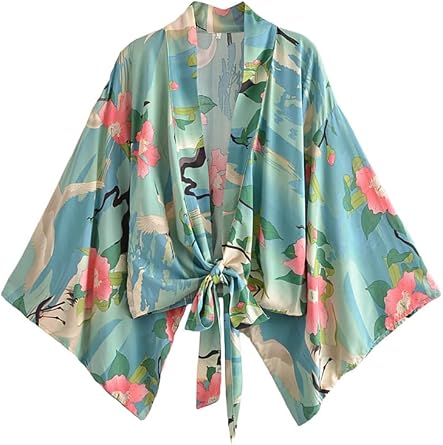 YYDS Boho Vintage Floral Print Sashes Short Kimono Women Ladies Blouses Casual V Neck Batwing Sleeves Bohemian Cover-Up