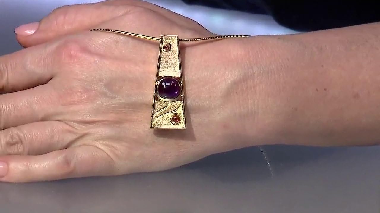 Cavill Amethyst Anhänger aus Sambia, 5,166 ct Fancy Schliff, Mandarin-Citrin 0,387 ct, moderner geometrischer 925 Silber Anhänger mit Vergoldung, trapezförmig, violett-orange