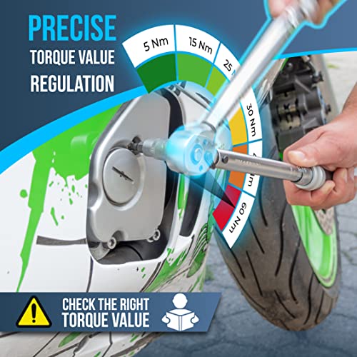 HASKYY Drehmomentschlüssel Set 3/8\ 5-60Nm Motorrad Chopper Custom-Bike mit viel Zubehör wie Verlängerungsstange, Bits, Nuss-Einsätze, Adapter