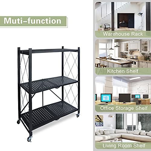3-Shelf Foldable Storage Shelves With Wheels, Large Capacity Shelving Unit, Freestanding Metal Wire Shelf Rack, No Assembly Organizer Rack For Garage Kitchen, Basement, Pantry, Heavy Duty #TOP6