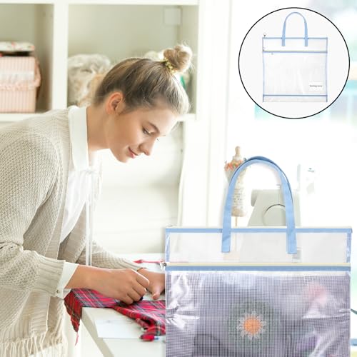 Image of 16.5 Inch Sew Project Bag Sew Quilting Storage Bags with Zipper Portable Embroidery Craft Organizer Storage Bag Mesh Vinyl Zipper Pouch for Art and Wearable Craft