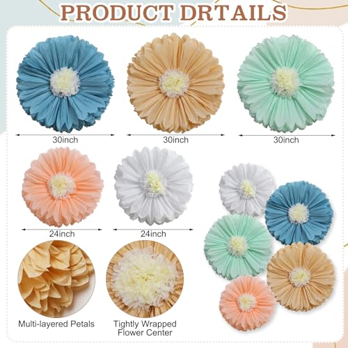 Image of Chunful 5 Pcs 30'' 24'' Gaint Boho Tissue Paper Flowers Decoration Handcrafted Large Hanging Tissue Paper Pom Poms Decor for Birthday Bachelorette Wedding Baby Shower Bridal Shower Party Decoration
