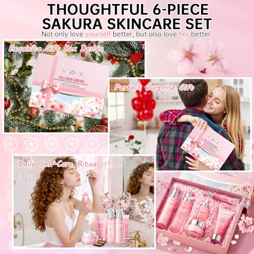 Sakura Skin Care Set - 6 PCS Cherry Blossom Skin Care Kit with Cleanser, Toner, Serum, Lotion, Eye Cream & Face Cream - Moisturizes Skin & Boosts Collagen - Korean Skin Care Set for Teen Girls & Women