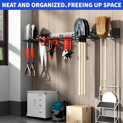 Garage-Tool-Organizer-Wall-Mount-48-Inch-Heavy-Duty-Garden-Tool-Organizer-Storage-System-Easy-Install-with-6-Adjustable-Straight-Hooks-for-Garage-Basement-Shed-Workshop-Black-Steel